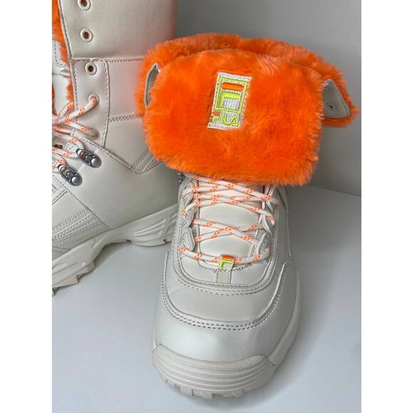 NWT FILA BOOTS 10 DISRUPTOR WHITE ORANGE SHEARLING TOP WINTER SNOWBOOTS LACE UP - Picture 10 of 12